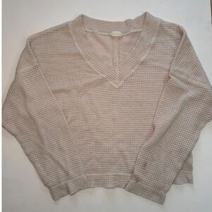 Tallia State Waffle Knit V Neck Cropped Sweater Women Size M Beige Long Sleeve